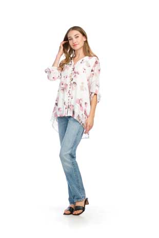 PT-14035 - FLORAL CRINKLE LAYERED TAB SLEEVE BLOUSE  - Colors: AS SHOWN - Available Sizes:XS-XXL - Catalog Page:65 